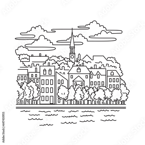 Mono line illustration of Old Town Alexandria along the Potomac River in the city of Alexandria, Virginia, United States of America done in monoline line black and white art style.
