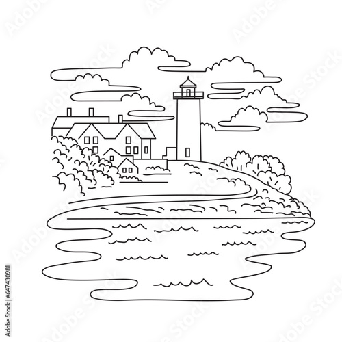 Mono line illustration of Nobska Light in Falmouth on the western tip of Cape Cod facing the Atlantic Ocean in Woods Hole, Massachusetts, USA done in monoline line black and white art style.
