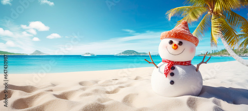 Happy Smiling Snowman on Tropical Beach Vacation