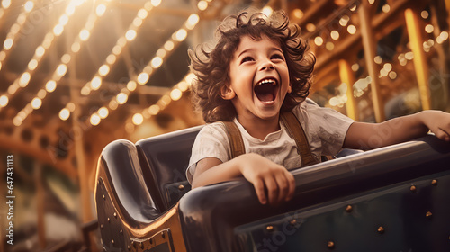 Happy toddler kid joyfully riding a roller coaster in a amusement park.