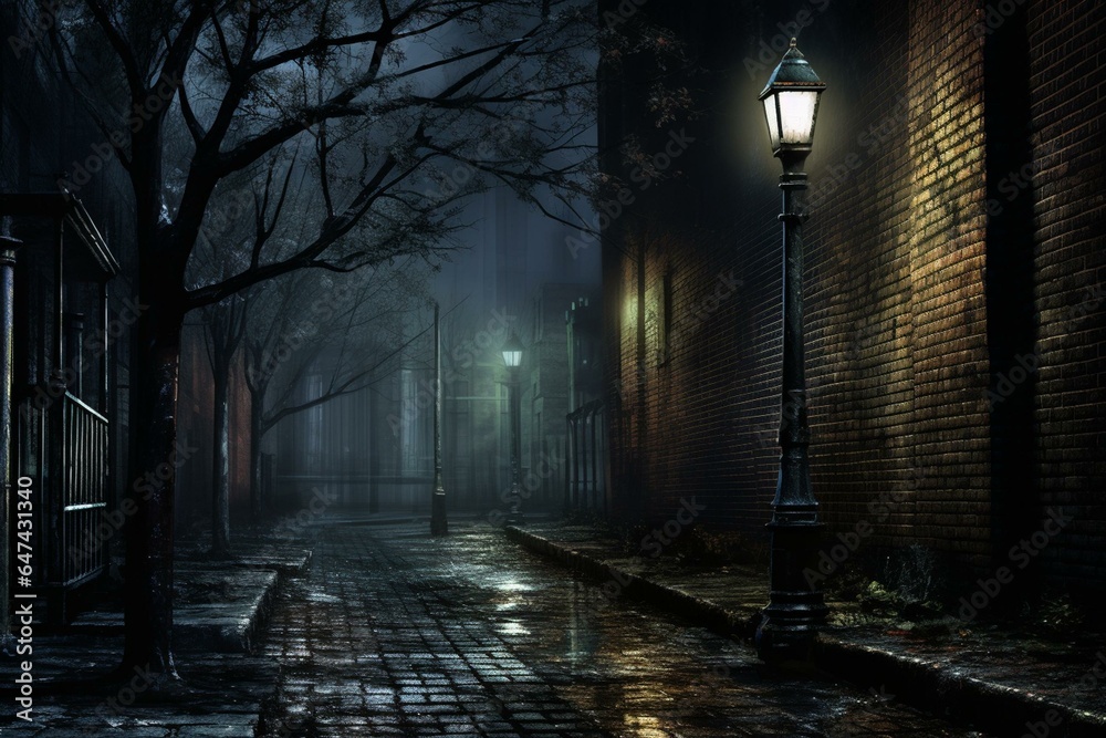 a dim urban passageway with a lamp post and mist emerging during nighttime, alongside a brick wall and distant streetlights. Generative AI - obrazy, fototapety, plakaty 