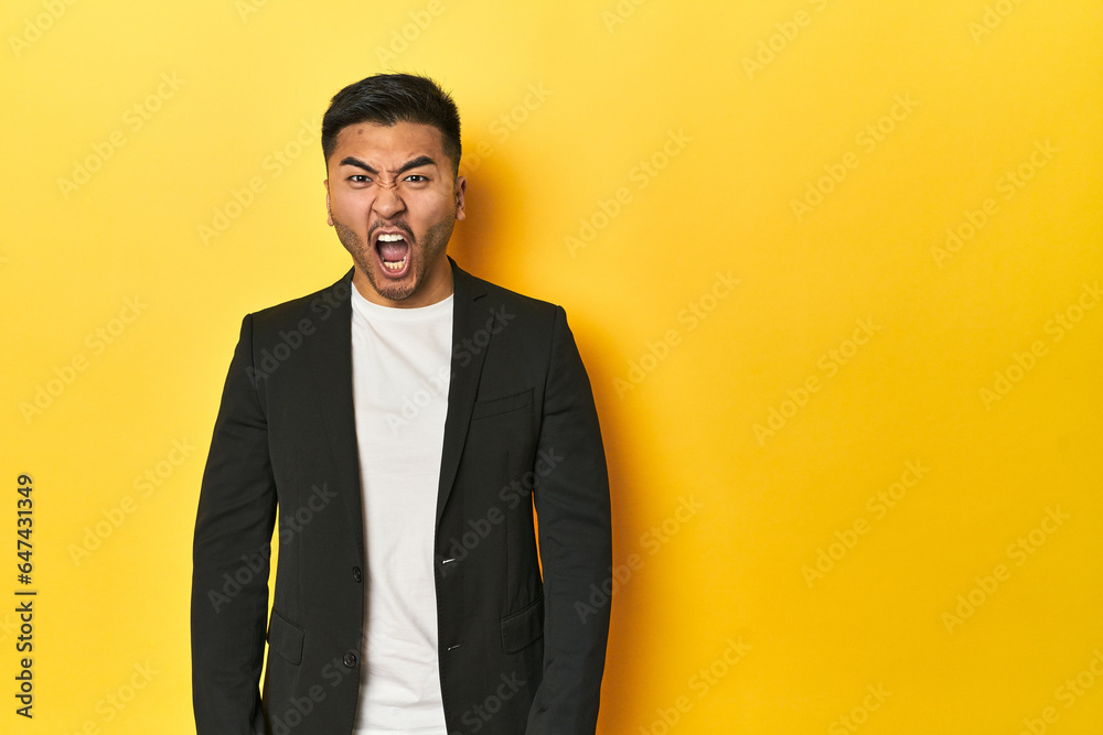 Asian man in black business jacket on yellow studio shouting very angry, rage concept, frustrated. Asian man in black business jacket on yellow studio shouting very angry, rage concept, frustrated.