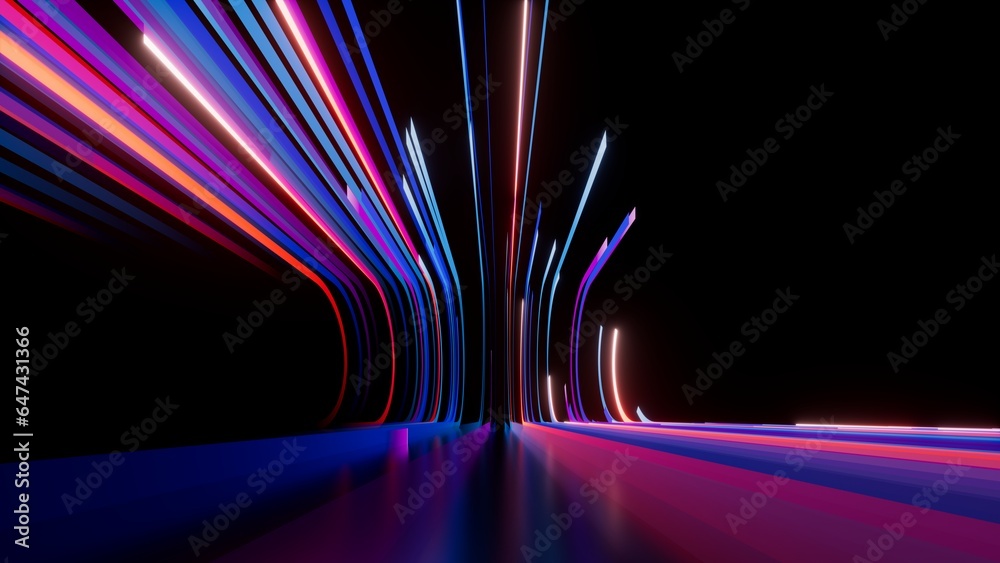 3d render. Abstract background of blue punk neon stripes and ribbons ascending. Modern wallpaper - obrazy, fototapety, plakaty 