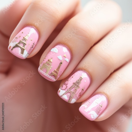 A manicure nail art design. A person holding a pink and gold manicure. Generative AI.