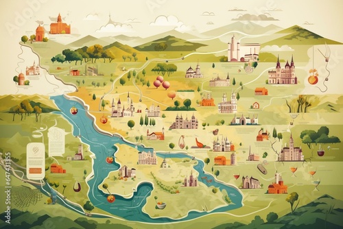 Illustration depicting the map of French vineyards. Generative AI © Virelai