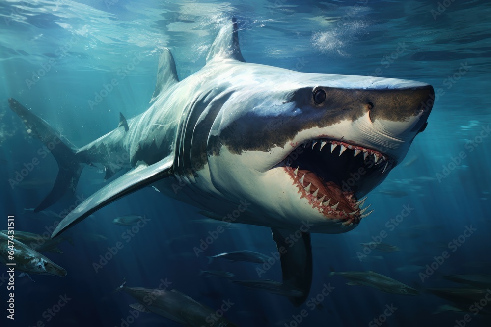 Fototapeta premium Massive Big shark underwater sunny. Generate Ai
