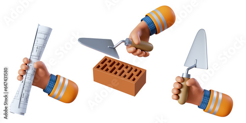 Fototapeta Naklejka Na Ścianę i Meble -  3d rendering, cartoon human arm with trowel and red brick. Masonry service clip art set isolated on white background. Professional bricklayer holds building tool. Construction icon collection