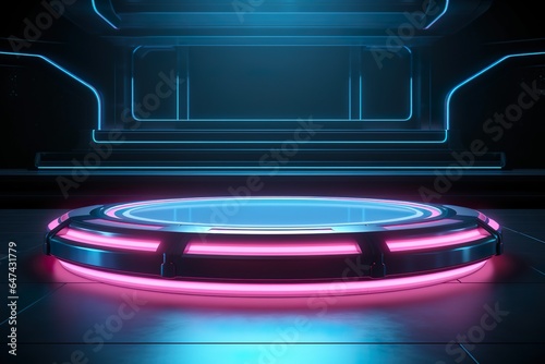 Sci-fi product podium showcase in empty spaceship room with blue earth background. Cyberpunk blue and pink color neon space technology and entertainment object concept.   | Generative AI