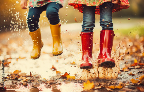 Closeup of legs of children jumping over puddles in colorful rain boots
