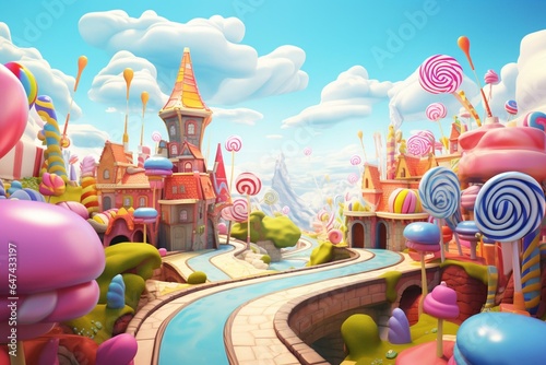 A whimsical candy-themed world in cartoon style, depicted with a 3D rendering picture. Generative AI