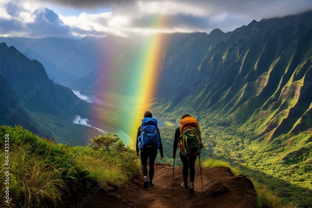 Hiking in beautiful Hawaii with a colorful rainbow over majestic mountains. Generative AI