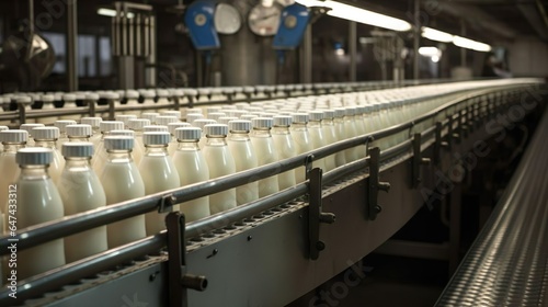 Plastic bottles filled with pasteurized milk on a factory conveyor. Process of making dairy products in modern dairy factory. photo