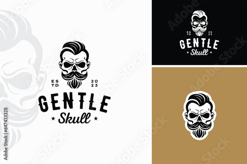 Gentleman Mustache Skull with Stylish Haircut for Hipster Barber Barbershop Hairstyle Vintage Retro Logo design