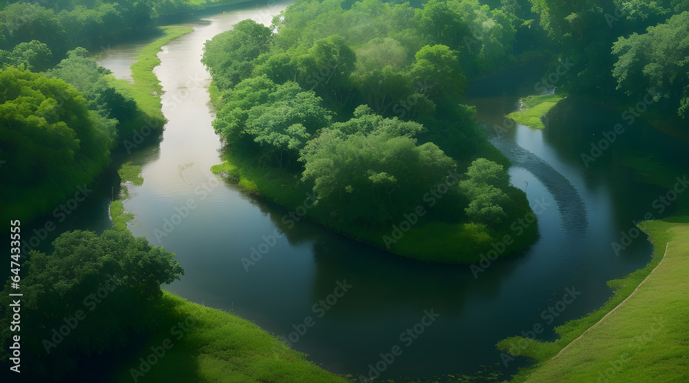 Tranquil Riverbank Amidst Lush Green Forest and Foliage.
Aerial view of serene river surrounded by lush green forest.