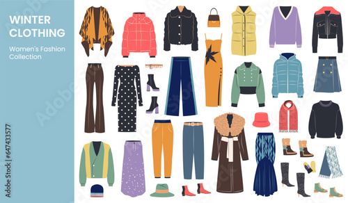 Winter clothing, garments and accessories set. Hand drawn female apparel, dresses, pants, shoes, gloves, coats, sweaters, hats in casual style. Flat graphic vector illustrations isolated on white.