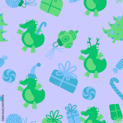 New year dragon seamless cartoon Christmas dinosaur pattern for wrapping paper and kids clothes print