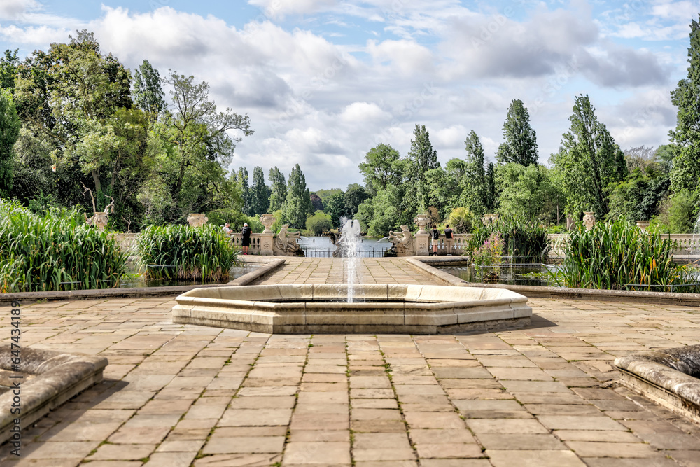 London, England - July 11, 2023: Ornamental gardens, ponds and fountains in Hyde Park in London
