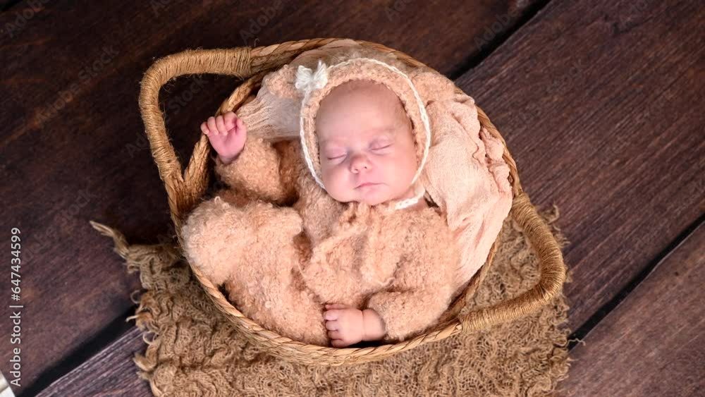 Sleeping newborn beautiful cute baby girl or boy before photo session during first week of life. 4k slow motion raw video. Happy Family concept. Small baby at wicker basket sleep in warm lamb costume Sleeping newborn beautiful cute baby girl or boy before photo session during first week of life. 4k slow motion raw video. Happy Family concept. Small baby at wicker basket sleep in warm lamb costume