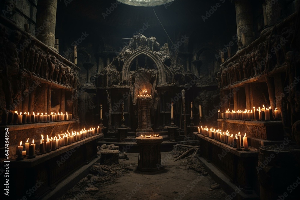 dimly lit underworld chamber adorned with candlelight and tombstones. Generative AI