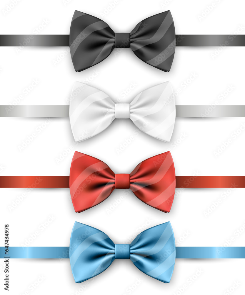 Vector 3d Realistic Blue, Black, Red, White Striped Bow Tie Icon Set Closeup Isolated. Silk Glossy Bowtie, Tie Gentleman. Mockup, Design Template. Bow tie for Man. Mens Fashion, Fathers Day Holiday Vector 3d Realistic Blue, Black, Red, White Striped Bow Tie Icon Set Closeup Isolated. Silk Glossy Bowtie, Tie Gentleman. Mockup, Design Template. Bow tie for Man. Mens Fashion, Fathers Day Holiday