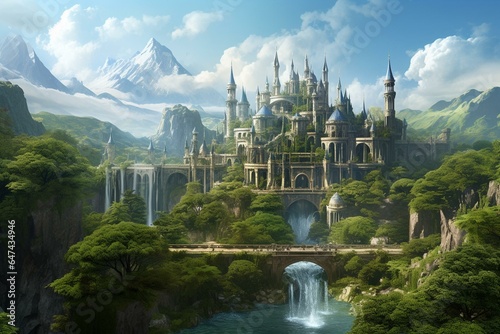 A picturesque fantasy illustration of an elven city with fortress-like tall arches, nestled between mountains, adorned with lush vegetation and a flowing stream. Generative AI