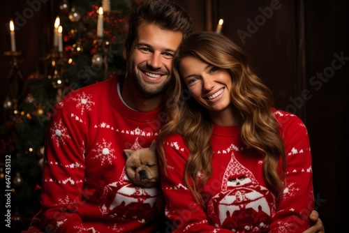 Smiling Couple in ugly christmas sweaters with a small dog