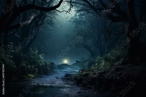 Enchanting mystical landscape, moonlit forest at night. Generative AI © Wilder