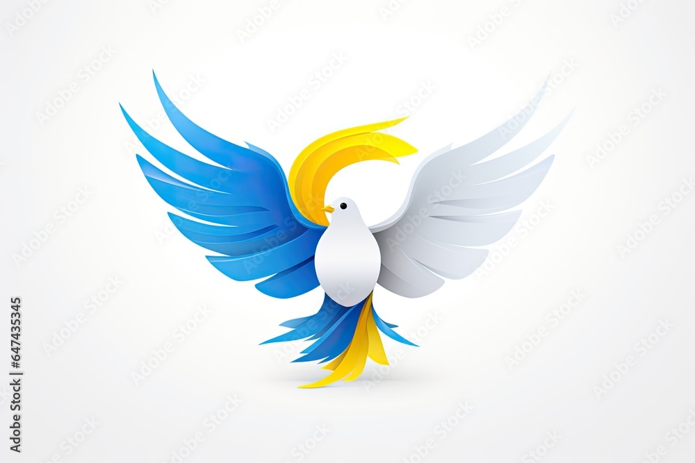 Obraz premium Dove with open wings as a symbol of peace, in the style of light blue and yellow on white background, Ukrainian conflict peace concept
