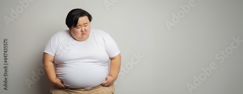 An overweight Asian teenager holding his stomach with an unhappy expression , on a grey background, the concept of obesity