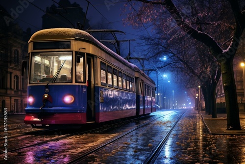 Nighttime tram in an urban city. Generative AI