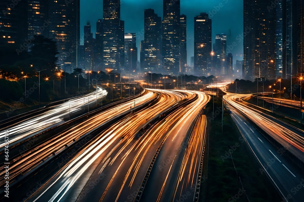 The motion blur of a busy urban highway during the evening rush hour. The city skyline serves as the background, illuminated by a sea of headlights and taillights