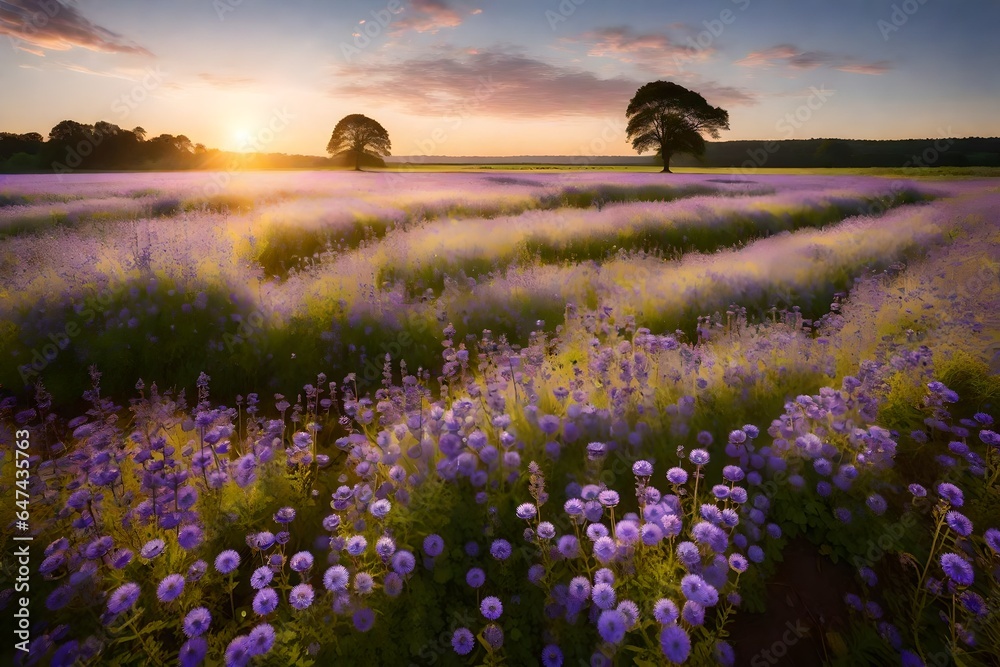 Beautiful panorama rural landscape with sunrise and blossoming meadow. purple flowers flowering on spring field, Phacelia