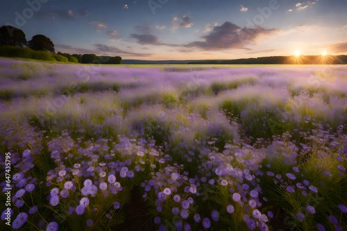 Beautiful panorama rural landscape with sunrise and blossoming meadow. purple flowers flowering on spring field  Phacelia