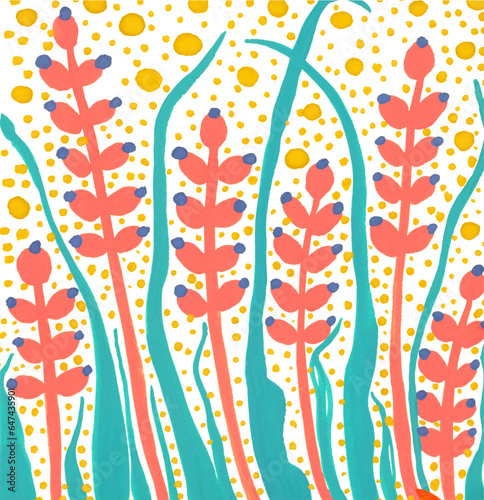 Flowers illustration. Gouache or tempera hand paint pattern. Exotic flowers and leaves in pastel colors. Botanical art for textile, greeting card, interior, clothes, packaging. Vintage pastel color.