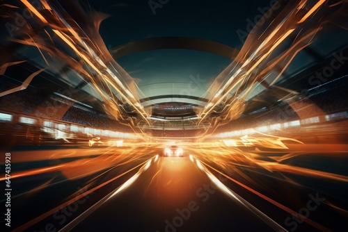 Blurred motion at a racetrack's finish gate with headlights; sporty digital artwork of a racing stadium. Generative AI