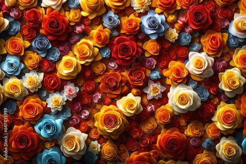 Multicolored Flower Background. Floral Wallpaper with Yellow  Orange and Red Roses. 3D Render