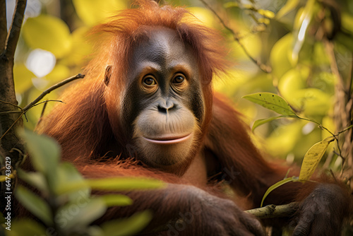A Young Female Orangutan Sits In a Tree in a Remote Part of the Borneo Jungle