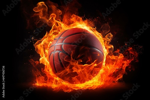 Fiery basketball on dark backdrop. Generative AI