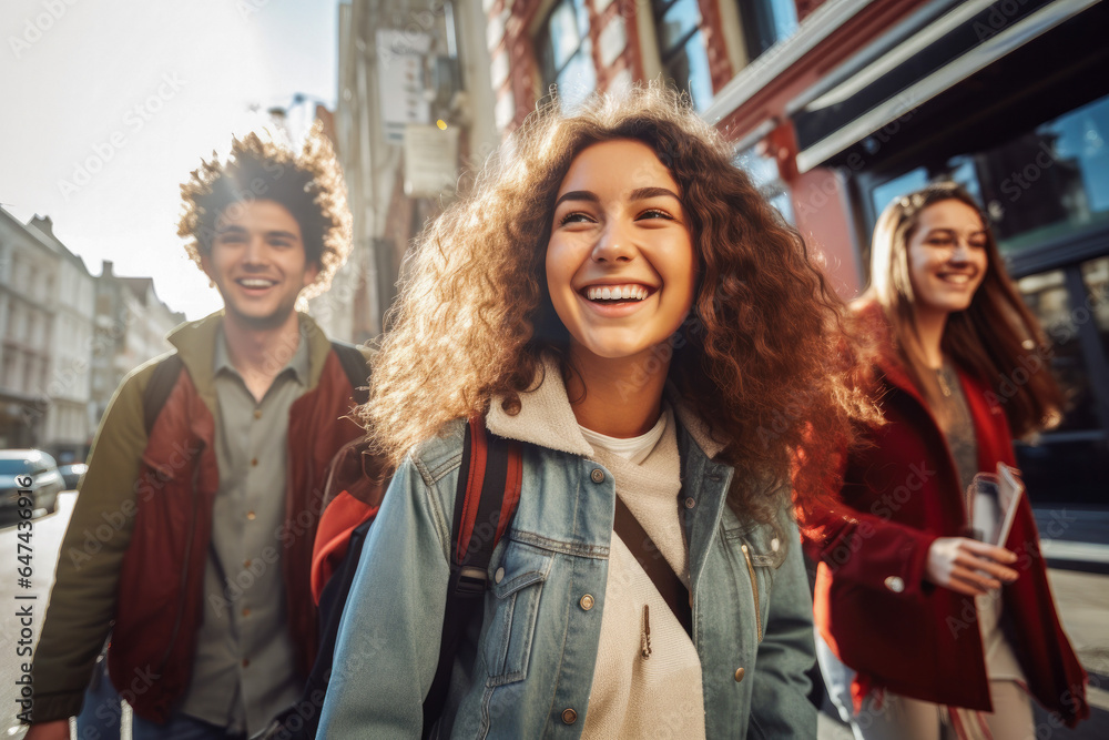A group of joyful millennials walking together on city streets, embodying youthful energy and ambition, commuting in an urban setting A group of joyful millennials walking together on city streets, embodying youthful energy and ambition, commuting in an urban setting