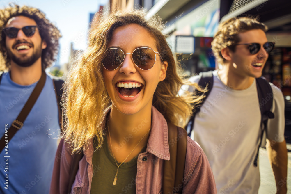 A group of joyful millennials walking together on city streets, embodying youthful energy and ambition, commuting in an urban setting A group of joyful millennials walking together on city streets, embodying youthful energy and ambition, commuting in an urban setting