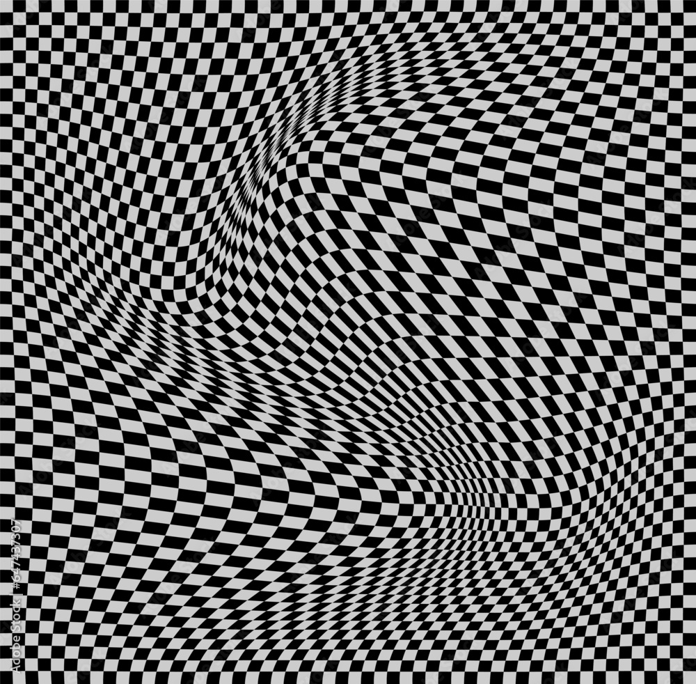 Black and white optical illusion of checkerboard wave. Background with the effect of wavy distortion twisted geometric pattern.