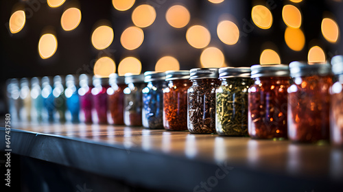 Fototapeta Naklejka Na Ścianę i Meble -  A row of glass jars filled with spices. A row of jars filled with various spices in a kitchen cabinet.