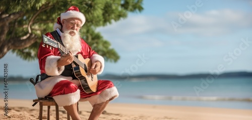 Santa Claus playing a guitar by the tropical beach, creating a harmonious island vibe, copy space