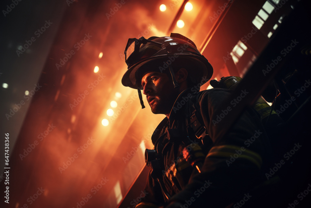 Low angle view of a firefighter heroically scaling the exterior of a skyscraper to rescue a trapped individual from a terrorist attack, highlighting bravery and emergency response. Generative Ai