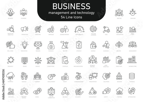 Business, technology and management icon set. 54 line icon collection. Flat vector illustration