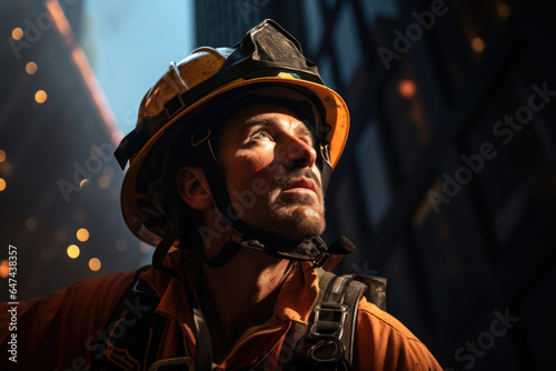 Low angle view of a firefighter heroically scaling the exterior of a skyscraper to rescue a trapped individual from a terrorist attack, highlighting bravery and emergency response. Generative Ai © bluebeat76
