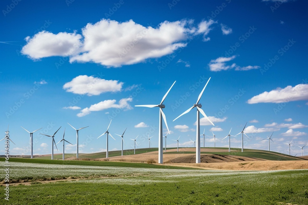Scenic view of wind turbines, lush wheat field, clear sky, and clouds. Illustrates renewable energy. Generative AI Scenic view of wind turbines, lush wheat field, clear sky, and clouds. Illustrates renewable energy. Generative AI