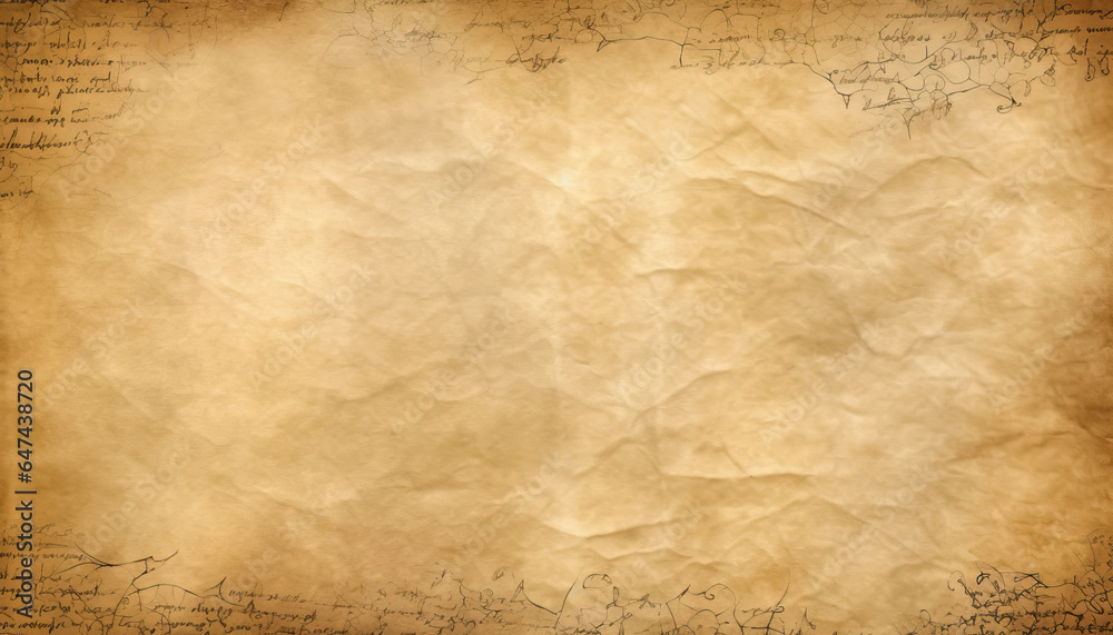 Blank textured parchment vellum background. Indecipherable abstract handwritten inscriptions along edges.