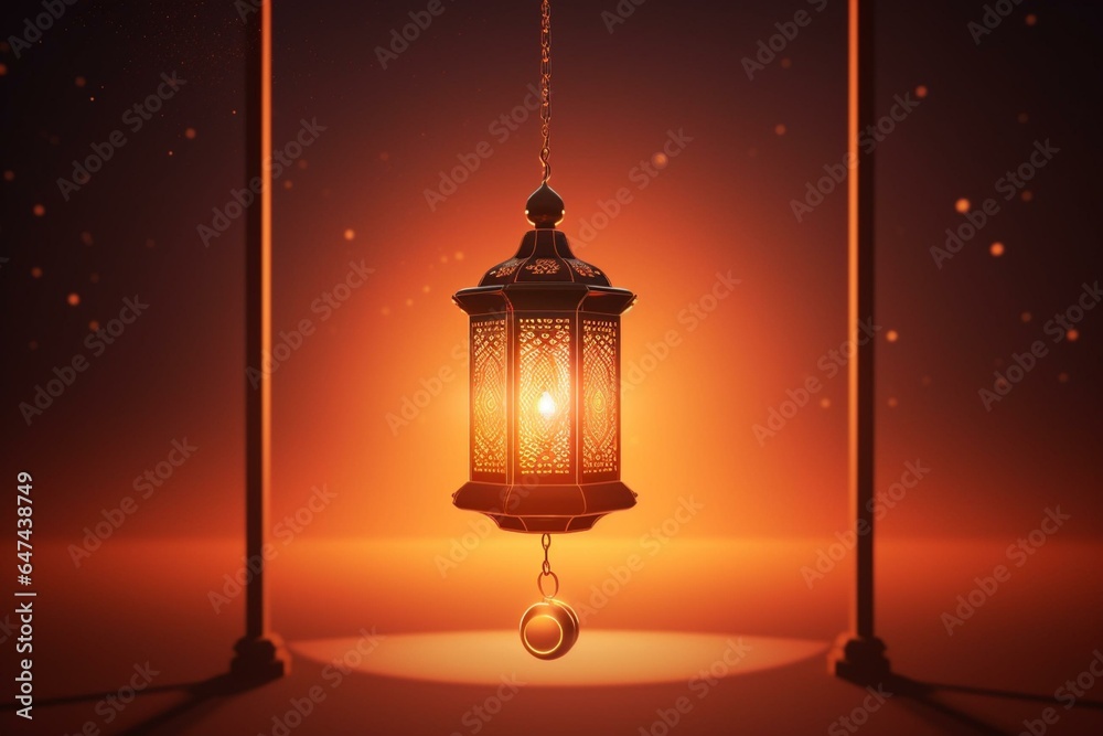 a suspended lantern in Arabic style depicted in a 3D illustration. Generative AI