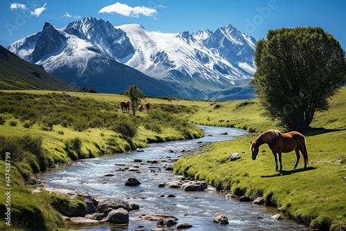 Andes mountains in Patagonia, Ushuaia, Argentina. Entrance to Tierra del Fuego National Park with horses roaming valley meadow, along clear creek. Generative AI photo